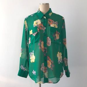 Floral Poly green sheer blouse, L